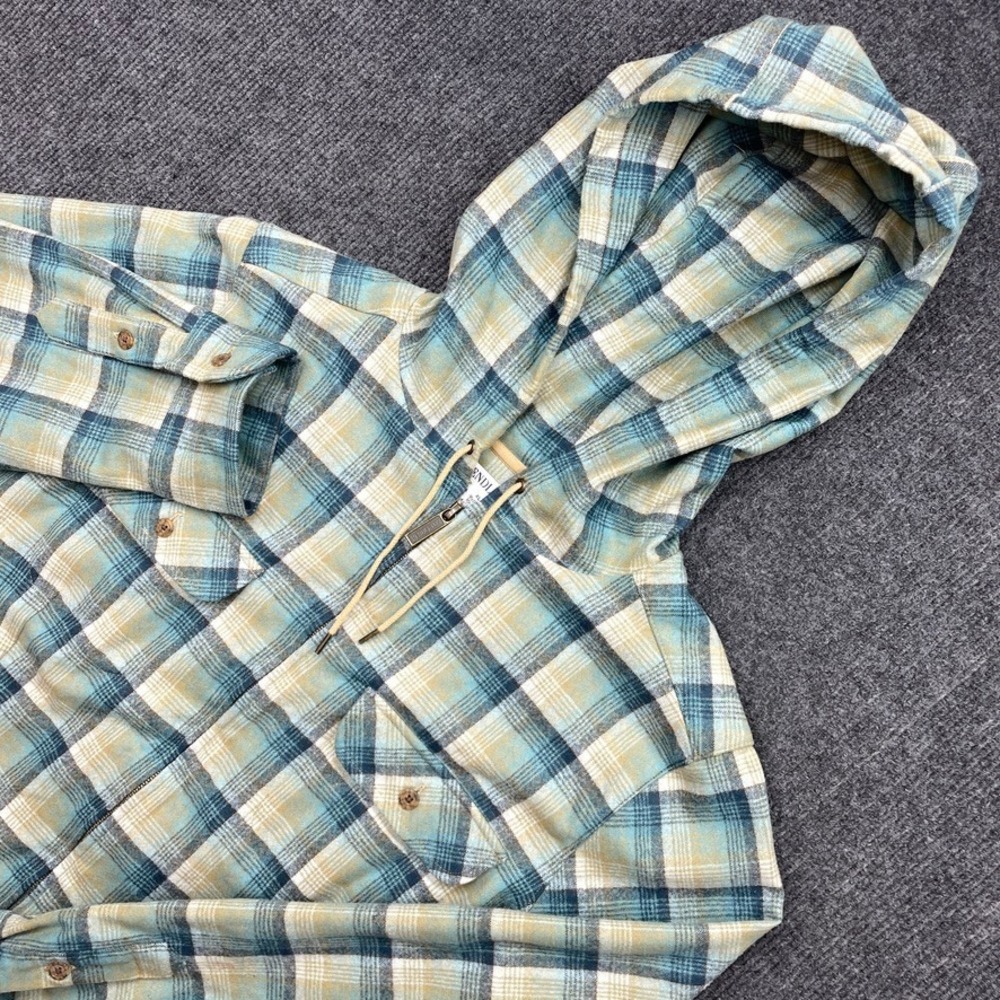 Pendleton Full Zip Plaid Flannel Hoodie Blue Tan XL Gorpcore Outdoors Shirt